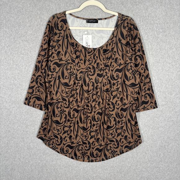 Bon Apple Tea Tunic Top Large Flowy Scroll Artsy Abstract Lagenlook Neutrals - Picture 1 of 13